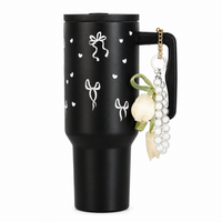 Aesthetic Bow Print Black Stainless Steel Tumbler with Floral Charm