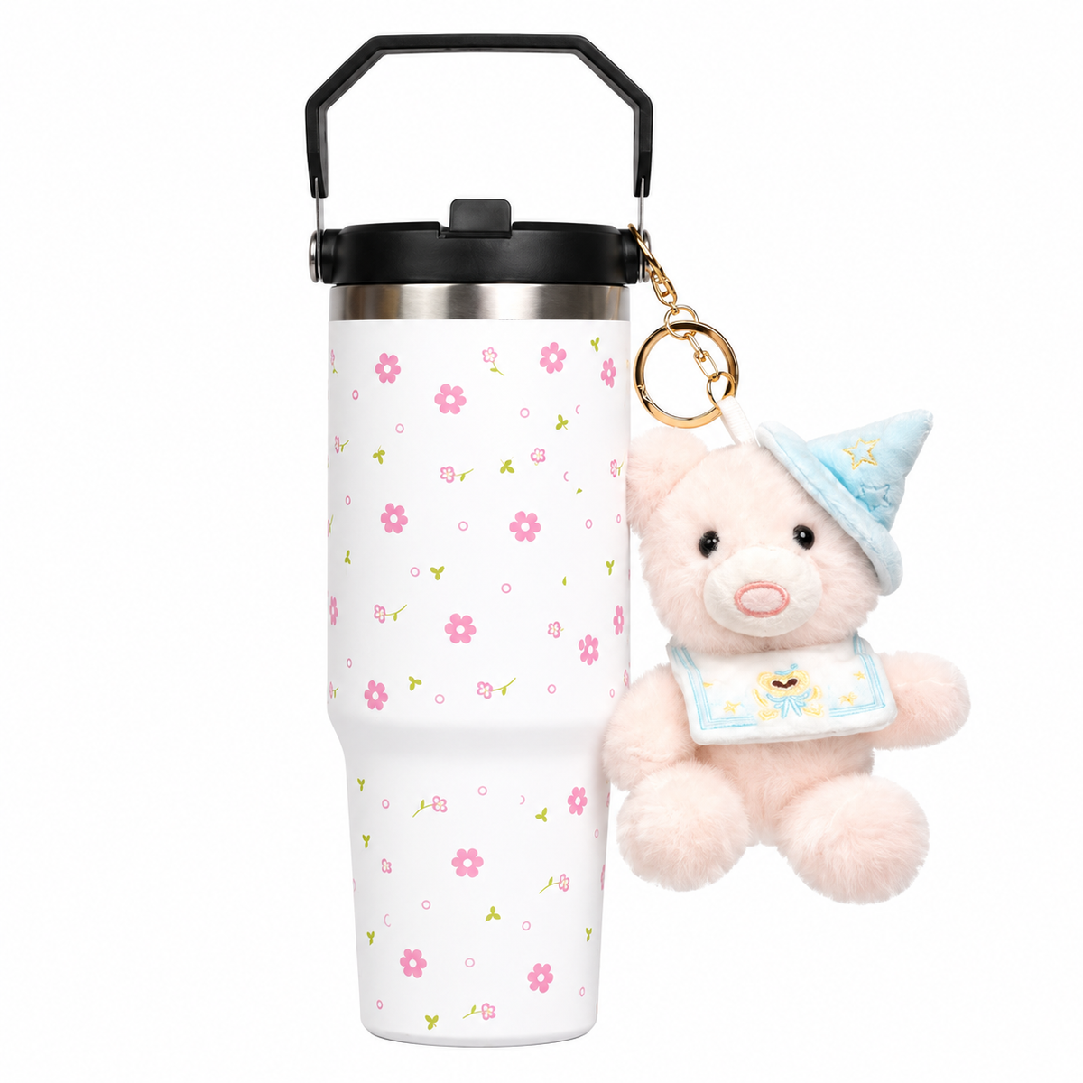 Floral Print Tumbler with Teddy Bear Charm, Handle, Lid & Straw