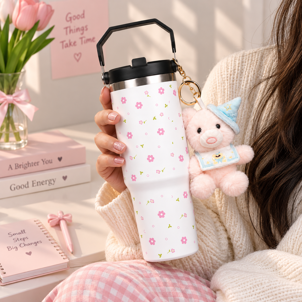 Floral Print Tumbler with Teddy Bear Charm, Handle, Lid & Straw