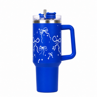 Royal Blue Bow Tumbler with Straw & Handle – Elegant Ribbon & Sparkle Print Travel Tumbler