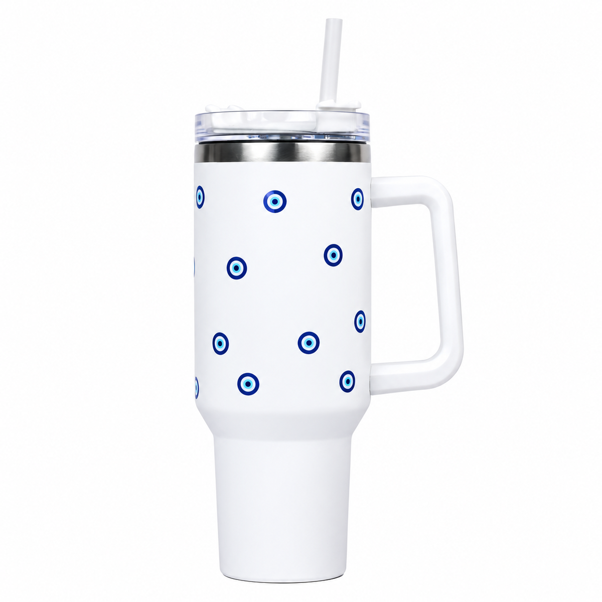White Evil Eye Print Tumbler with Straw & Handle