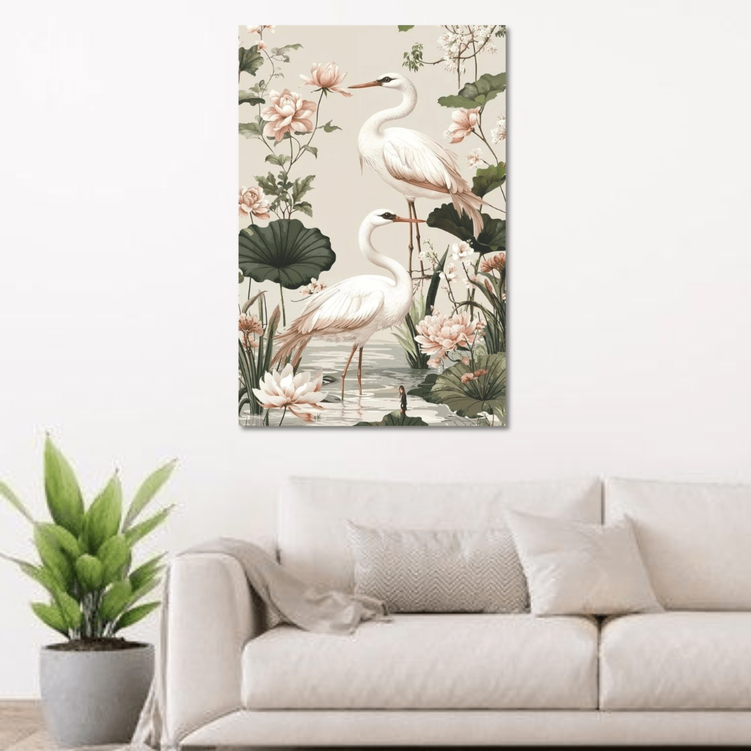 Elegant Heron Garden Canvas Wall Art — Floral Serenity Painting - Memories InsiteELEGNT HERON CANVAS - STRECHED