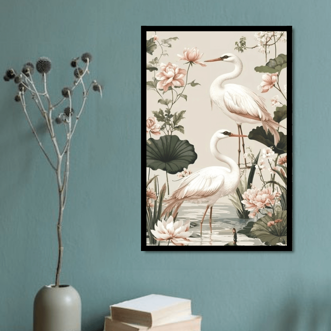 Elegant Heron Garden Canvas Wall Art — Floral Serenity Painting - Memories InsiteELEGNT HERON CANVAS - STRECHED