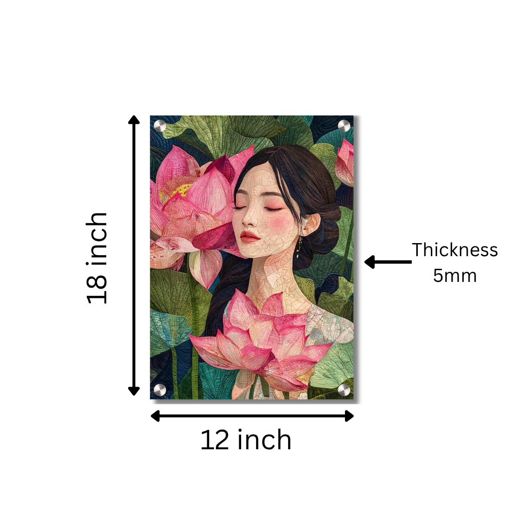Lotus Serenity Woman Acrylic Wall Decor — Premium Glossy HD Art Frame