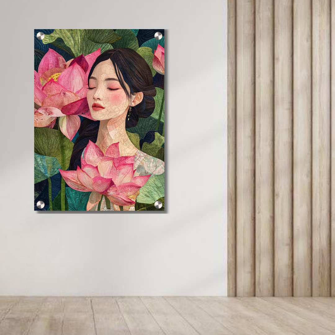 Lotus Serenity Woman Acrylic Wall Decor — Premium Glossy HD Art Frame