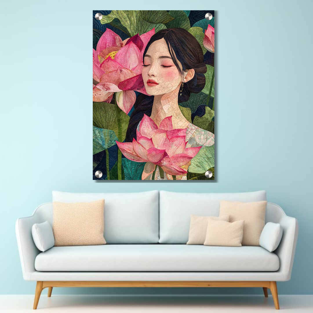 Lotus Serenity Woman Acrylic Wall Decor — Premium Glossy HD Art Frame
