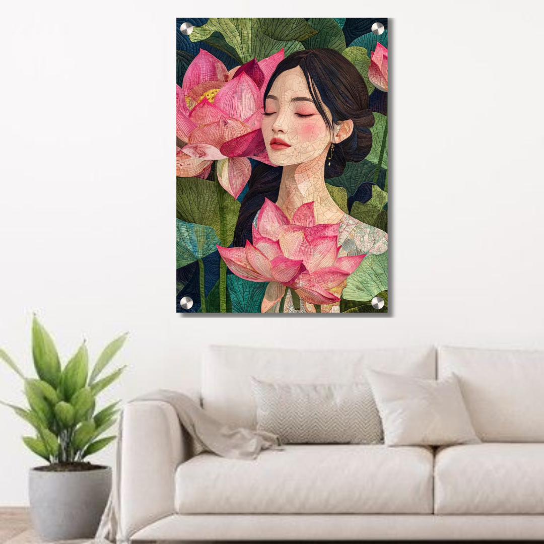 Lotus Serenity Woman Acrylic Wall Decor — Premium Glossy HD Art Frame