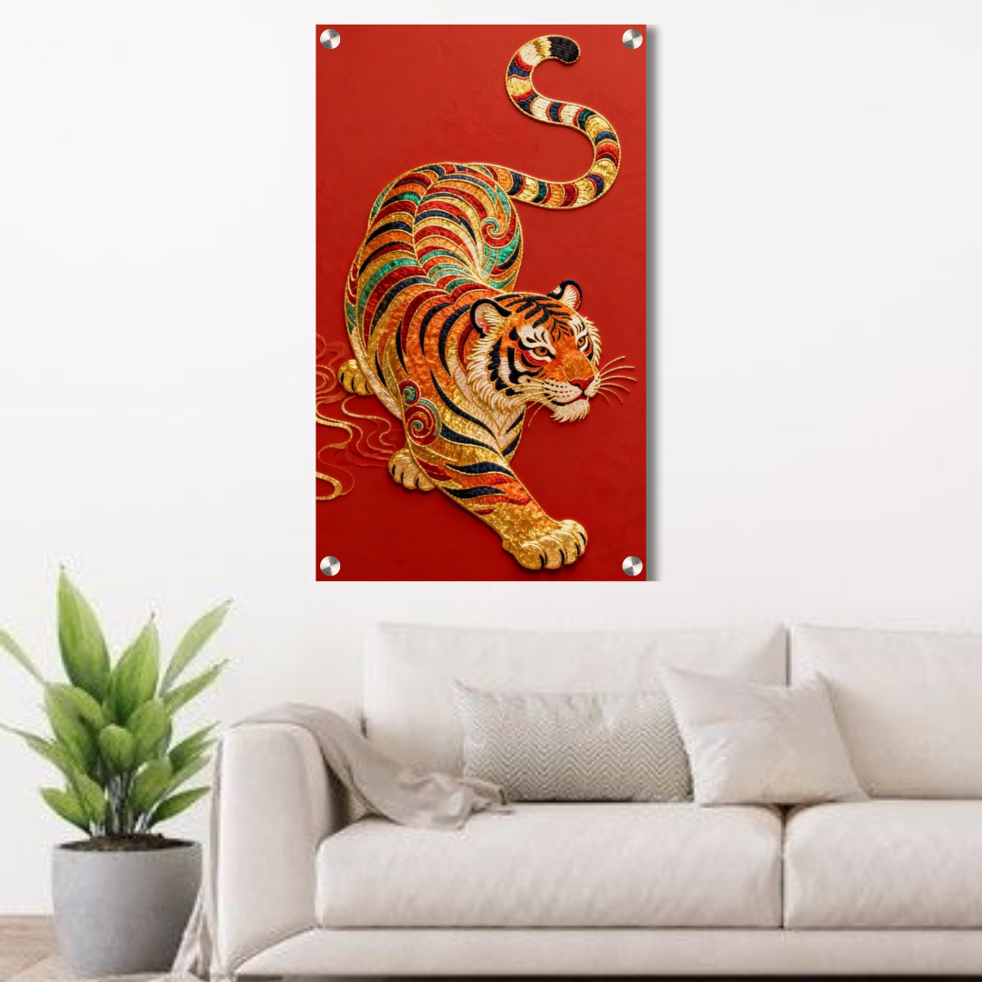 Imperial Golden Tiger Acrylic Wall Art — Luxury Red Statement Decor