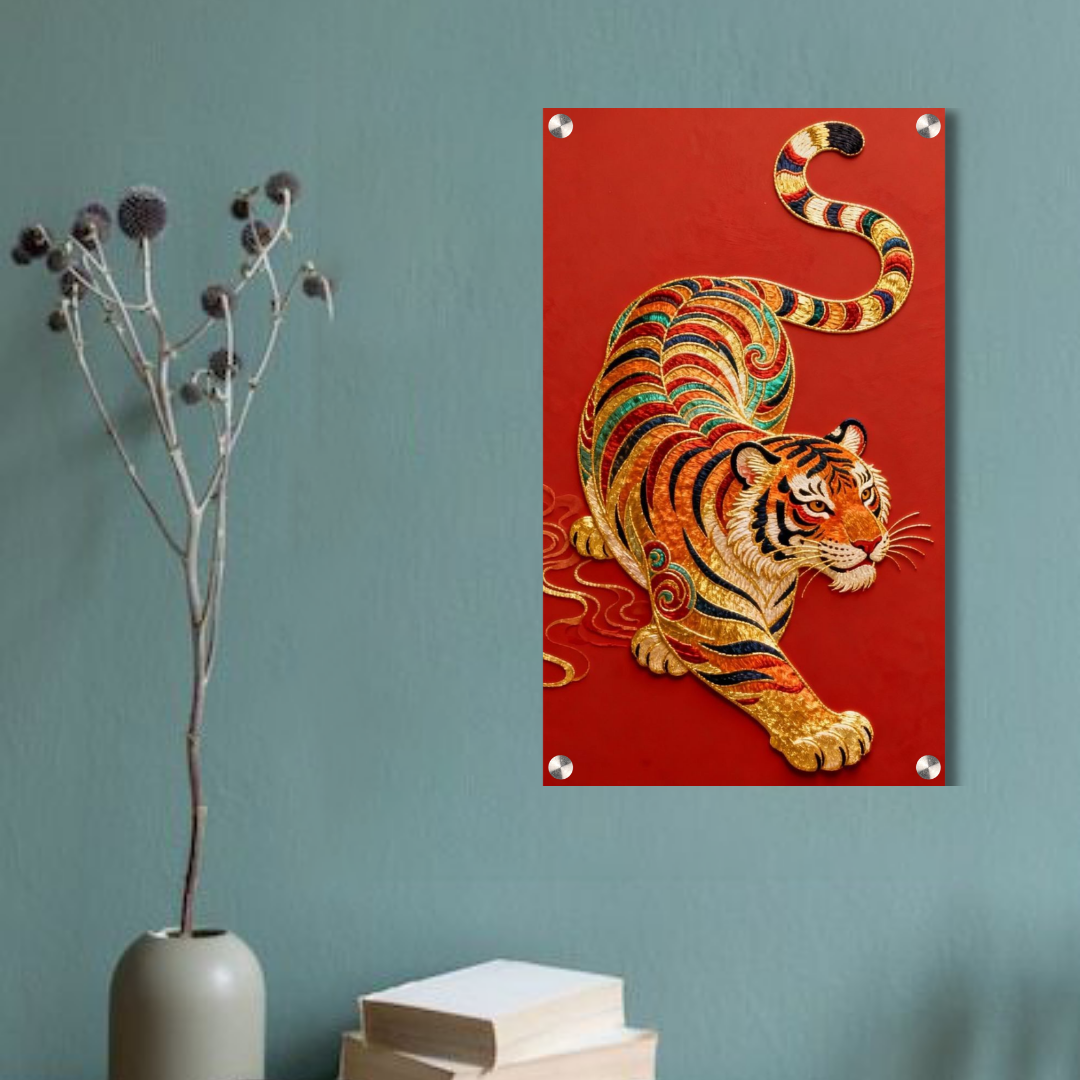 Imperial Golden Tiger Acrylic Wall Art — Luxury Red Statement Decor