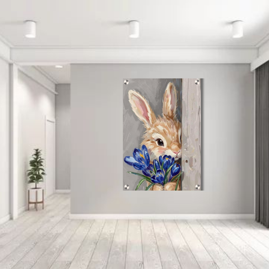 Cute Bunny with Blue Flowers Acrylic Wall Decor (12 × 18 Inch)