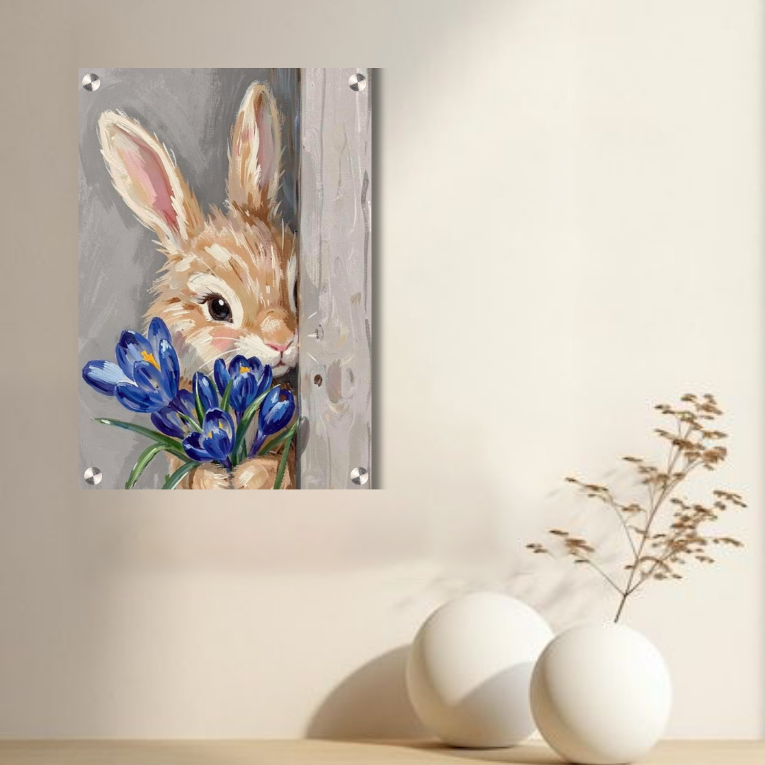 Cute Bunny with Blue Flowers Acrylic Wall Decor (12 × 18 Inch)