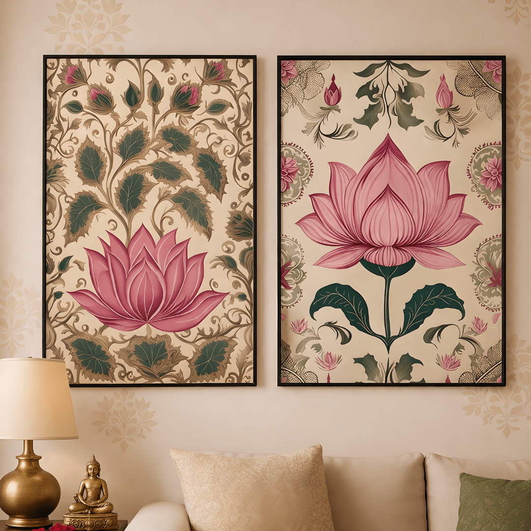 Lotus Harmony floral canvas wall art set for living room