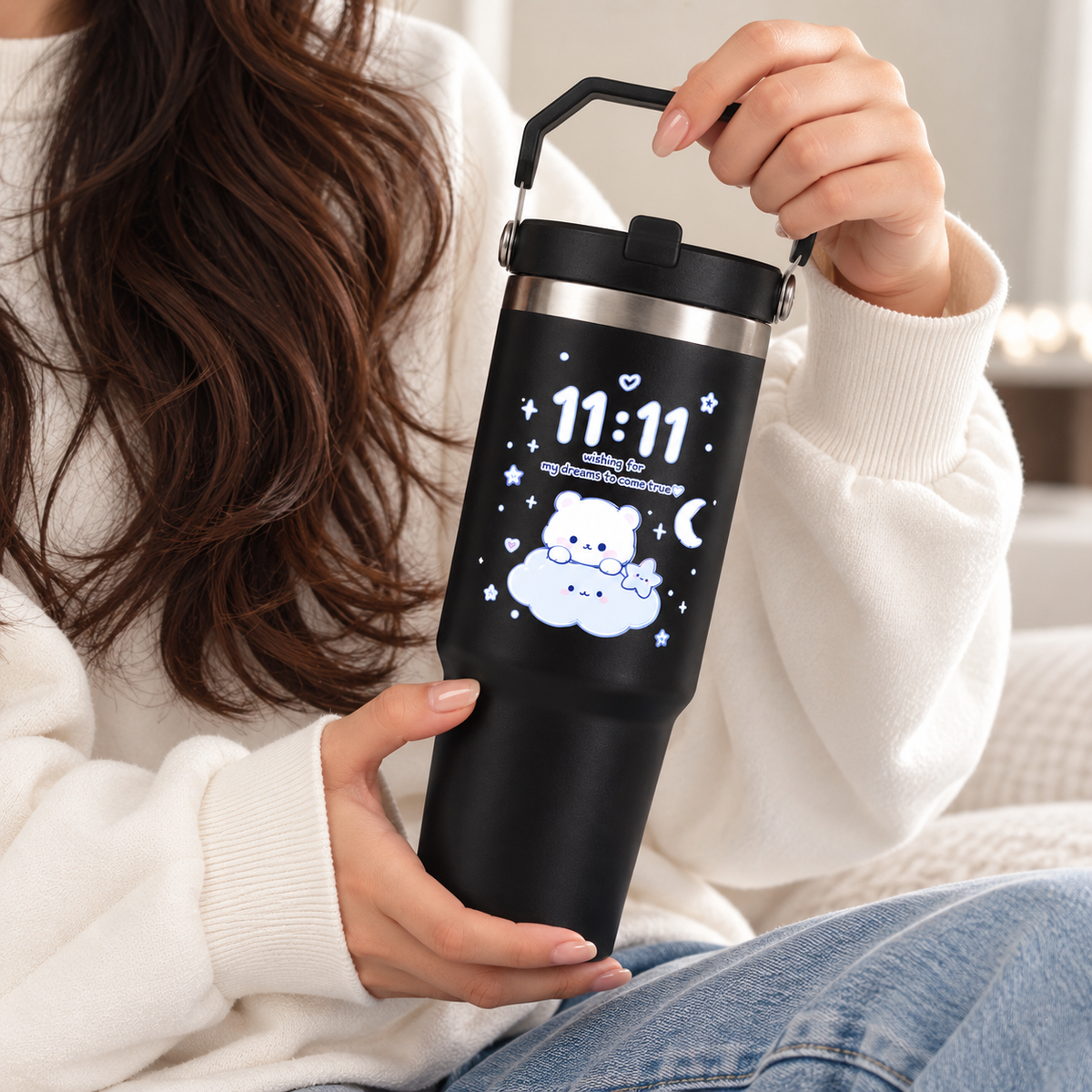 11:11 Printed Tumbler with Handle & Straw | Reusable Travel Cup | Cute Everyday Drinkware