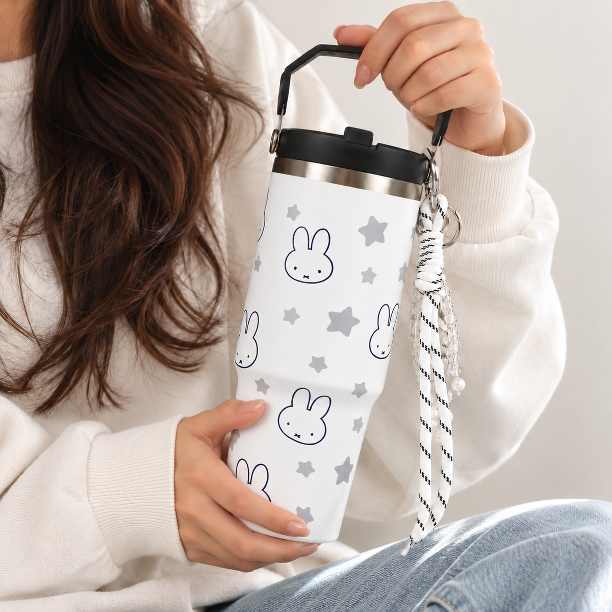 Bunny Print Tumbler with Handle & Lanyard | Reusable Travel Cup | Cute Everyday Drinkware