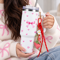 Bow & Heart Print Tumbler with Handle & Charm | Reusable Travel Cup | Cute Everyday Drinkware