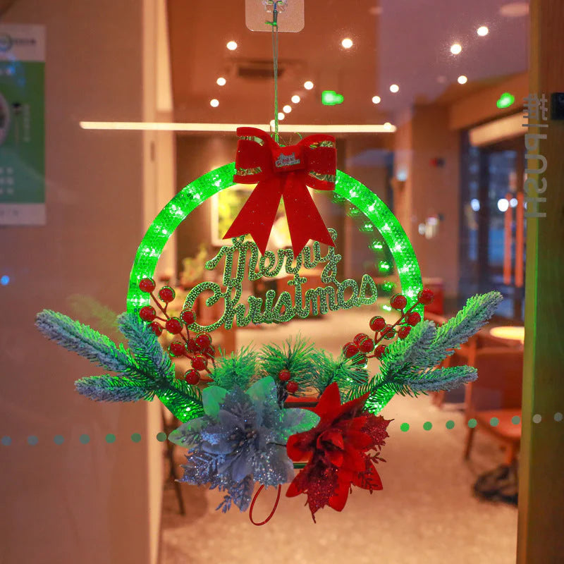 LED Christmas Wreath with Flowers & Red Bow – 30cm Festive “Merry Christmas” Hanging Decoration