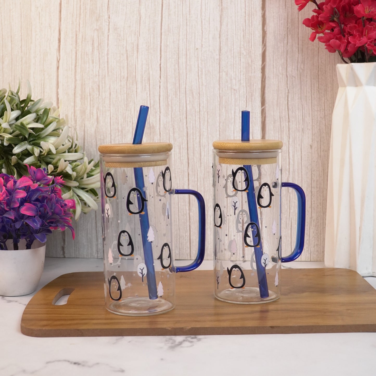 Winter Penguin in Forest Glass Tumbler with Handle & Bamboo Lid – Set of 2 | Festive Holiday Design with Straw