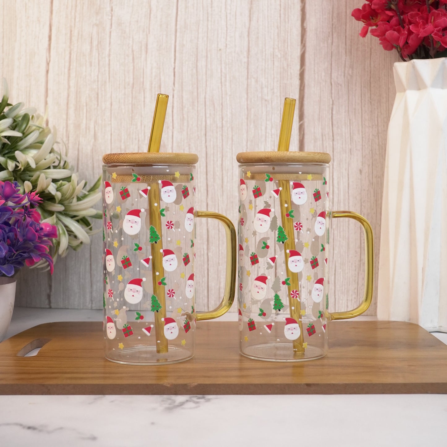 Christmas Santa Glass Tumbler with Handle & Bamboo Lid – Set of 2 | Festive Holiday Design with Straw