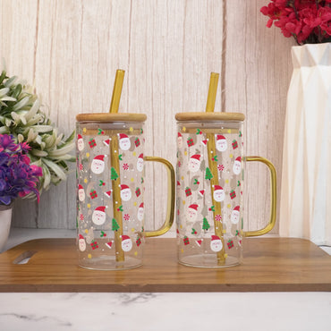 Christmas Santa Glass Tumbler with Handle & Bamboo Lid – Set of 2 | Festive Holiday Design with Straw