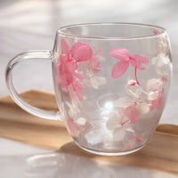 Dried Flowers Double Wall Borosilicate Glass Mug with handle