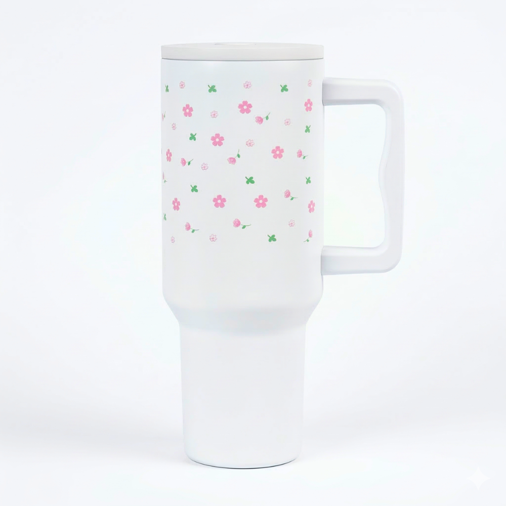 Cute Floral Doodle Tumbler  — Leakproof & Insulated (White)