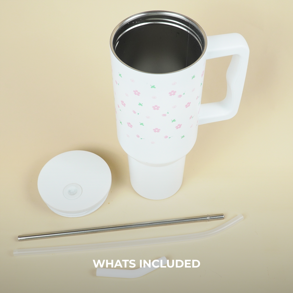 Cute Floral Doodle Tumbler  — Leakproof & Insulated (White)
