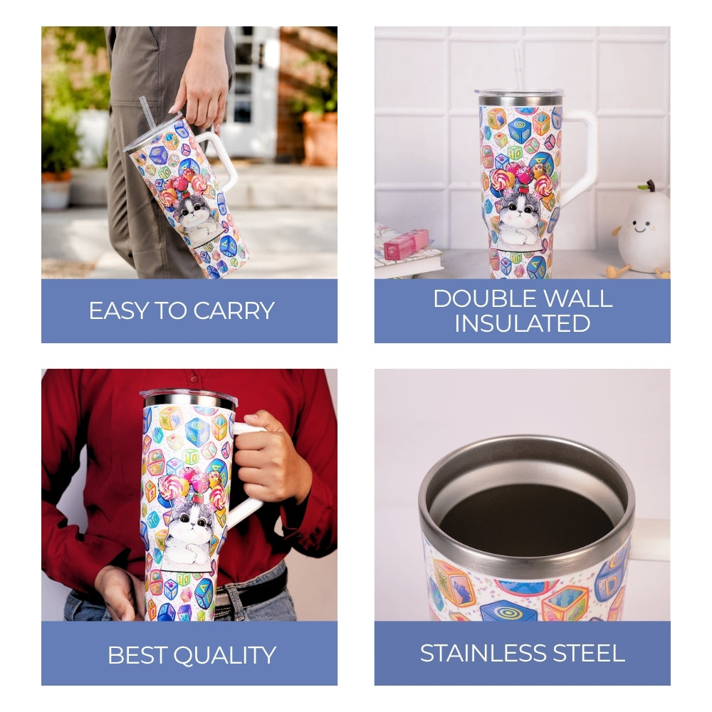 Candy Pop Kitty Stainless Steel Tumbler with Handle & Straw