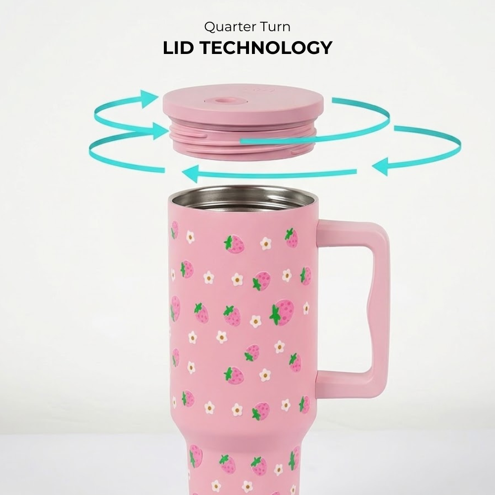 Strawberry Pink Lid Tumbler — Leakproof & Insulated (Pink)