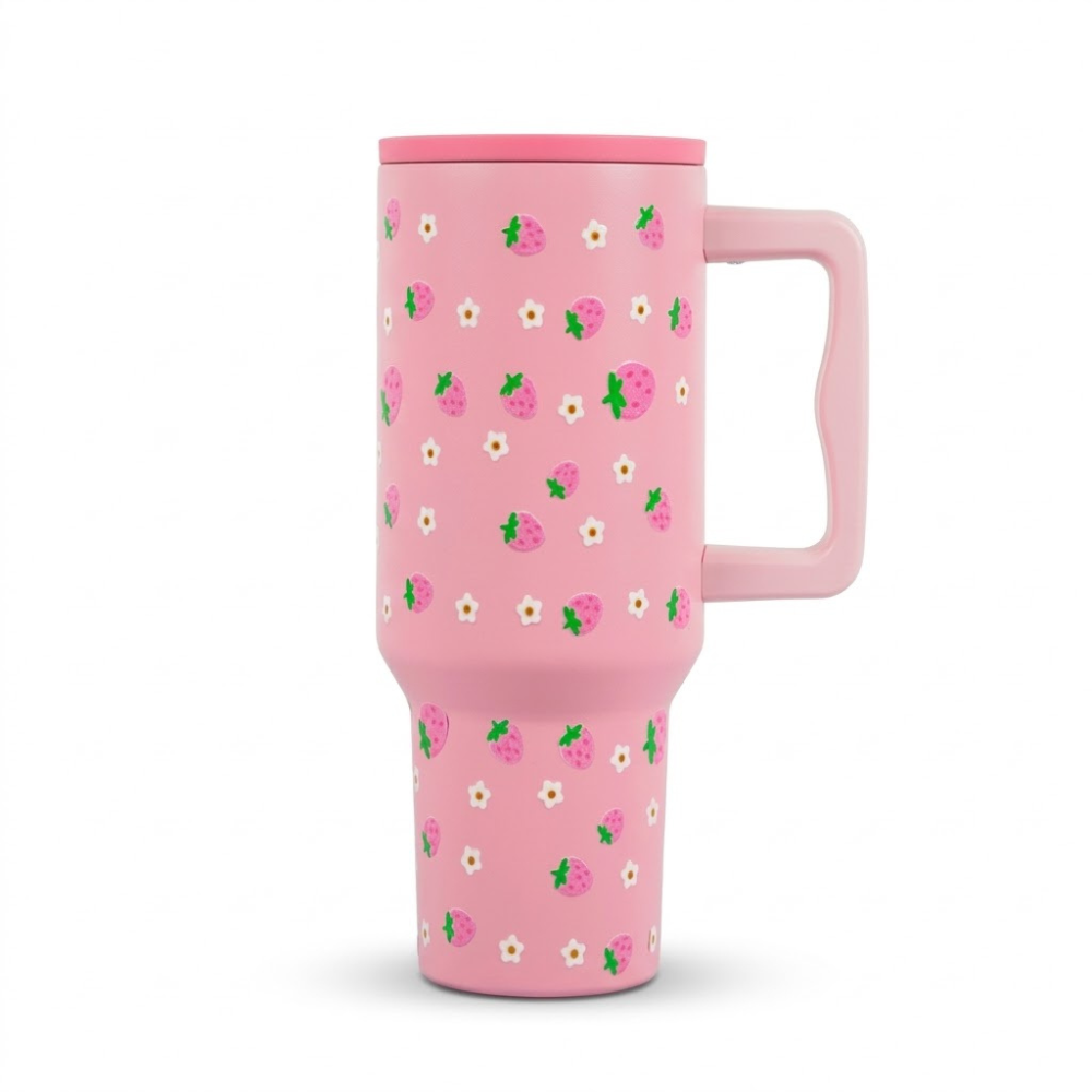 Strawberry Pink Lid Tumbler — Leakproof & Insulated (Pink)