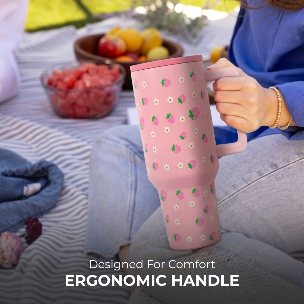 Strawberry Pink Lid Tumbler — Leakproof & Insulated (Pink)