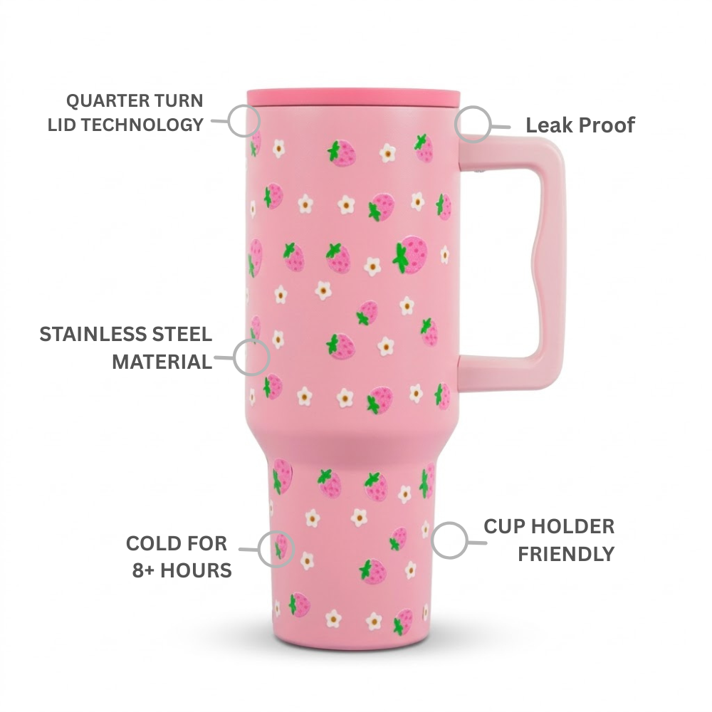 Strawberry Pink Lid Tumbler — Leakproof & Insulated (Pink)