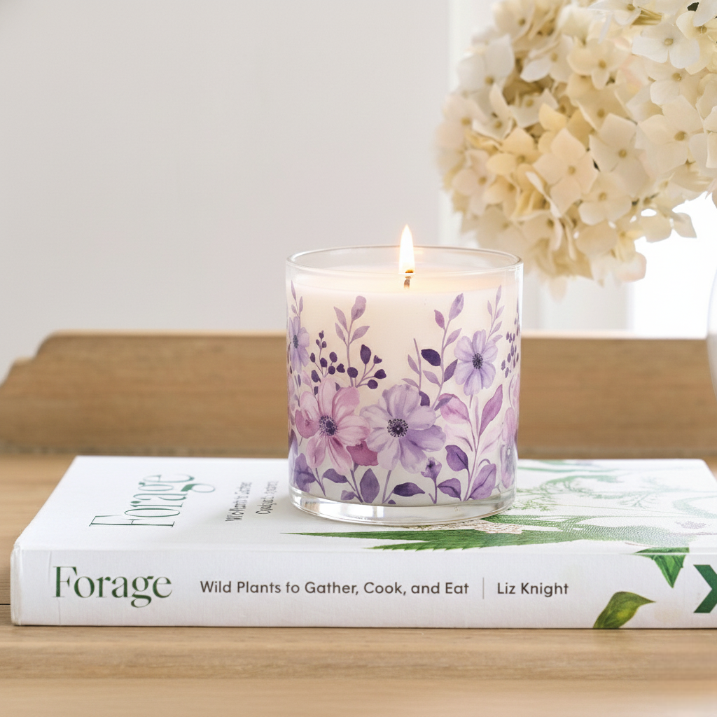 Lavender Purple Floral Scented Candle in Glass Jar | Elegant Home Décor & Relaxing Aroma