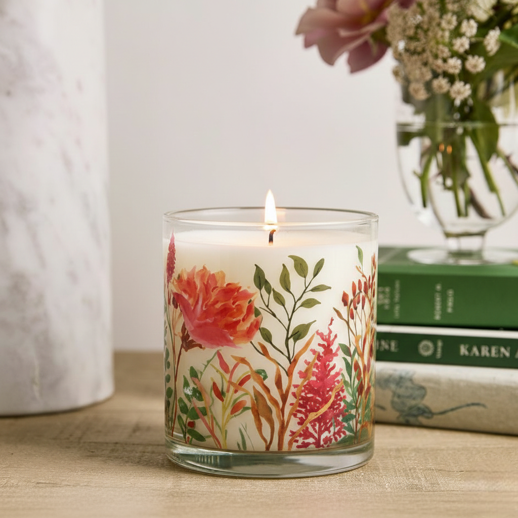 Warm Floral Scented Candle in Glass Jar | Elegant Aesthetic Home Décor Candle