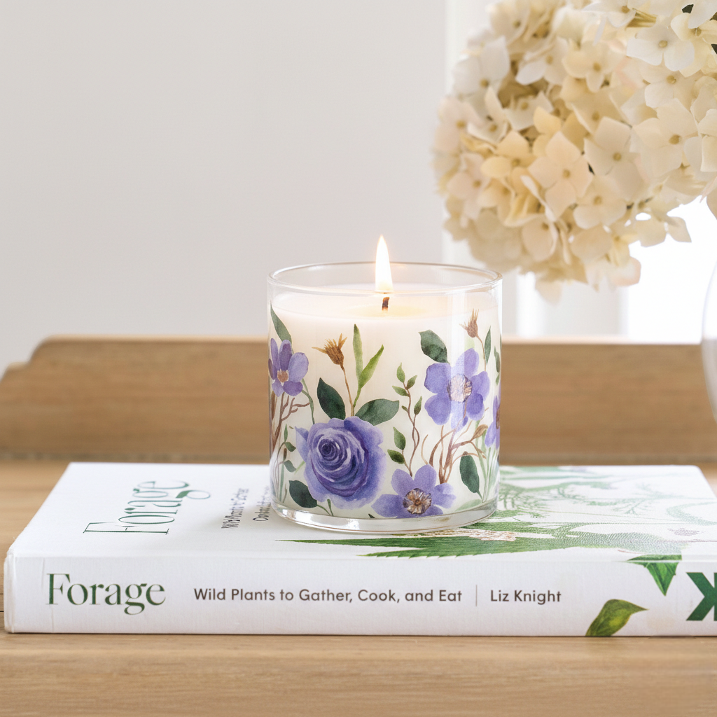 Purple Floral Rose Scented Candle in Glass Jar | Elegant Aesthetic Home Décor Candle
