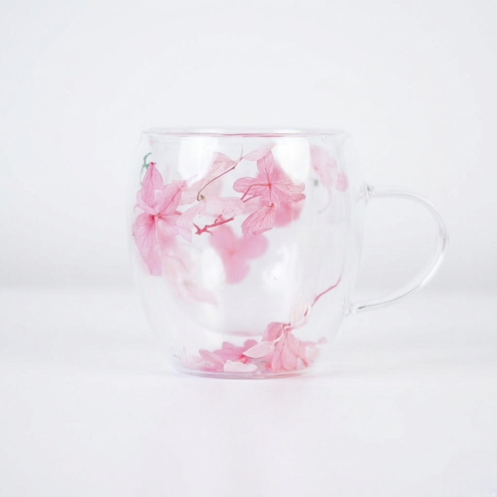 Dried Flowers Double Wall Borosilicate Glass Mug with handle