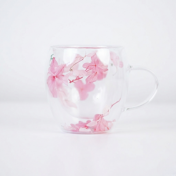 Dried Flowers Double Wall Borosilicate Glass Mug with handle