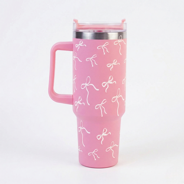 Personalized Pink Bow Insulated Tumbler with Handle & Straw