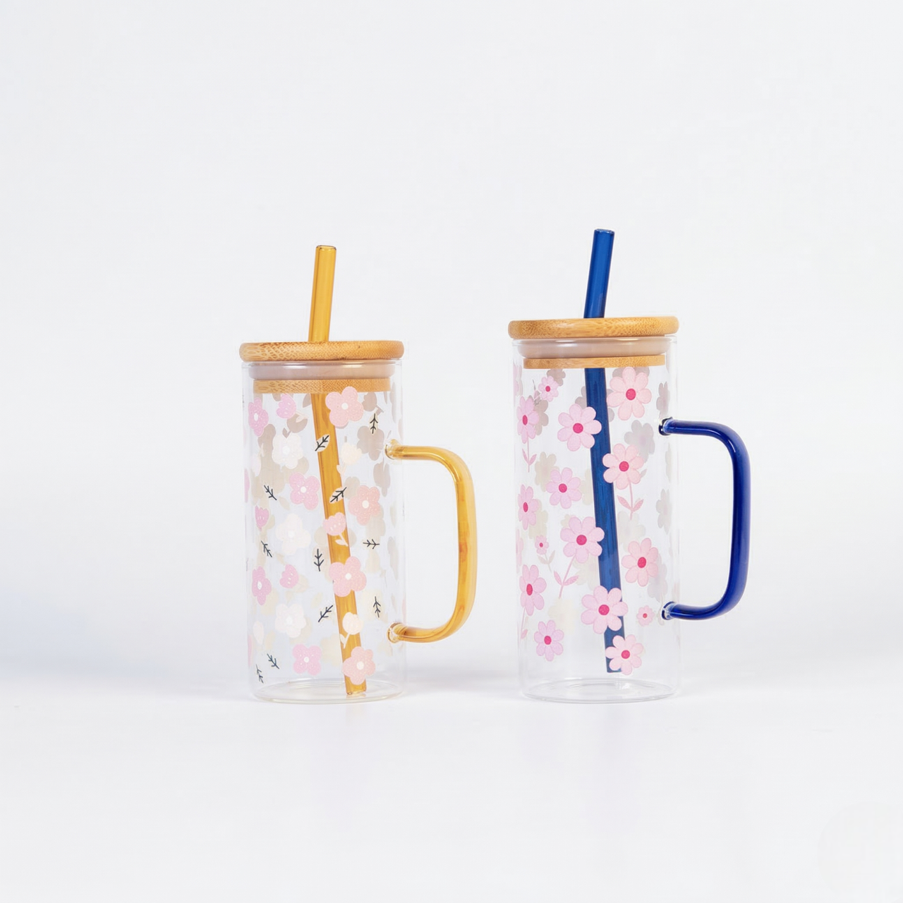 Set of 2 Blossom Glass Tumbler with Bamboo Lid & Straw