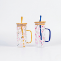 Set of 2 Blossom Glass Tumbler with Bamboo Lid & Straw