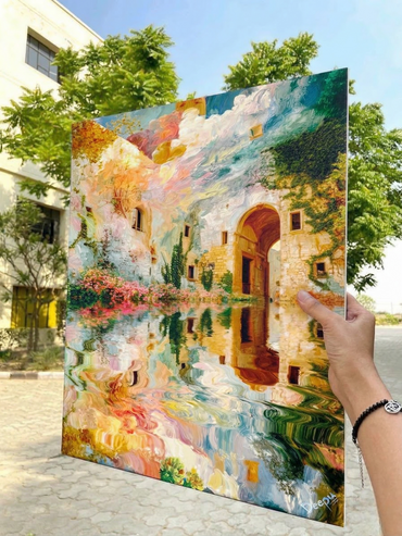 Pastel Landscape Canvas Wall Art | Dreamy Architectural Reflection Painting