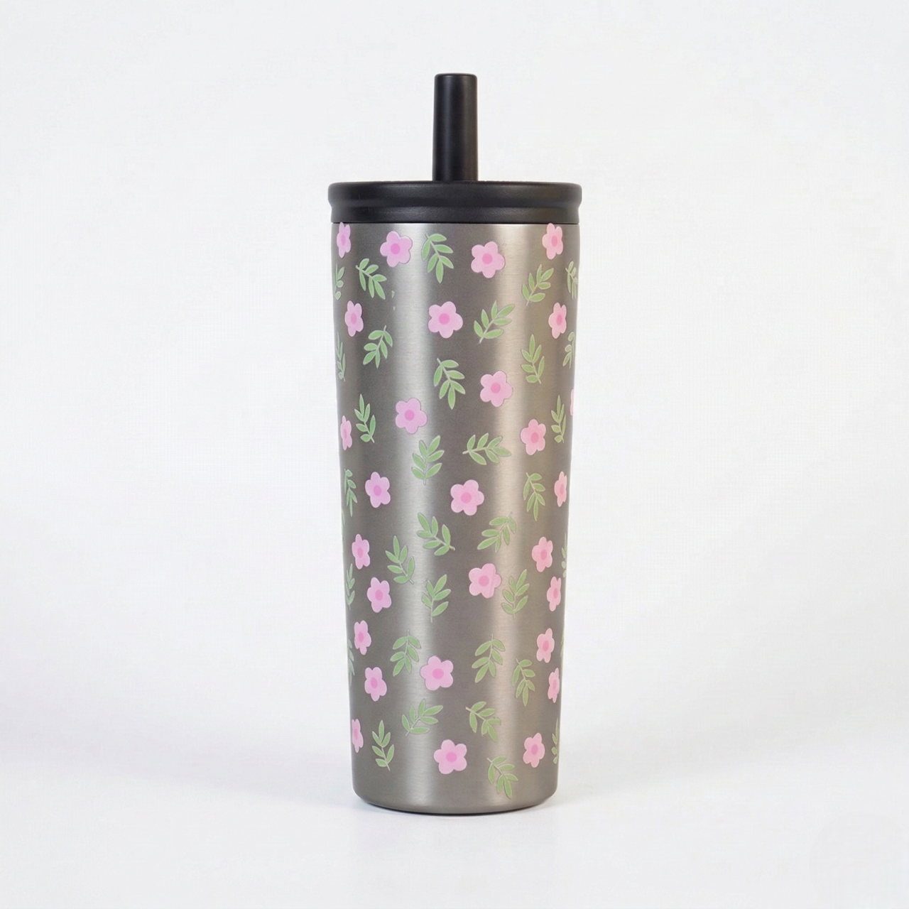 Floral Stainless Steel Tumbler with Straw