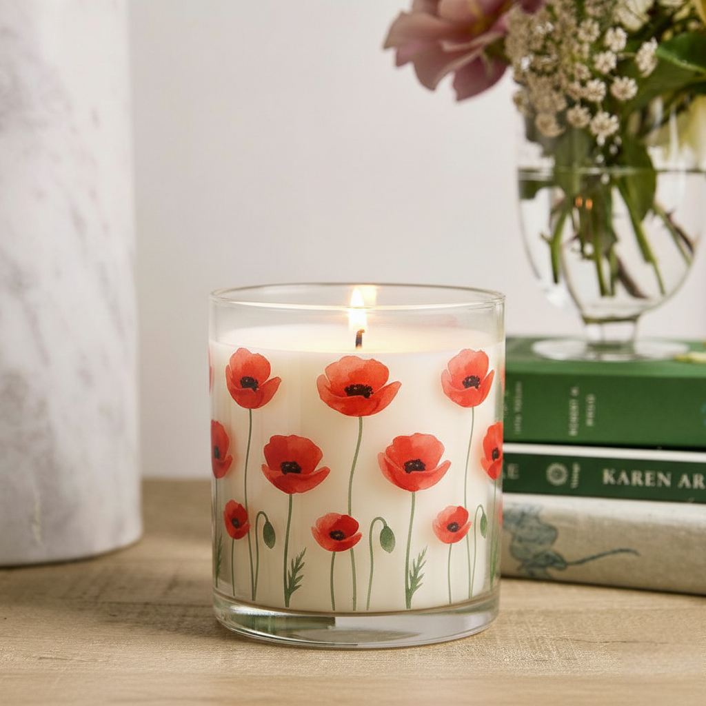 Red Poppy Floral Scented Candle in Glass Jar | Elegant Home Décor & Relaxing Aroma