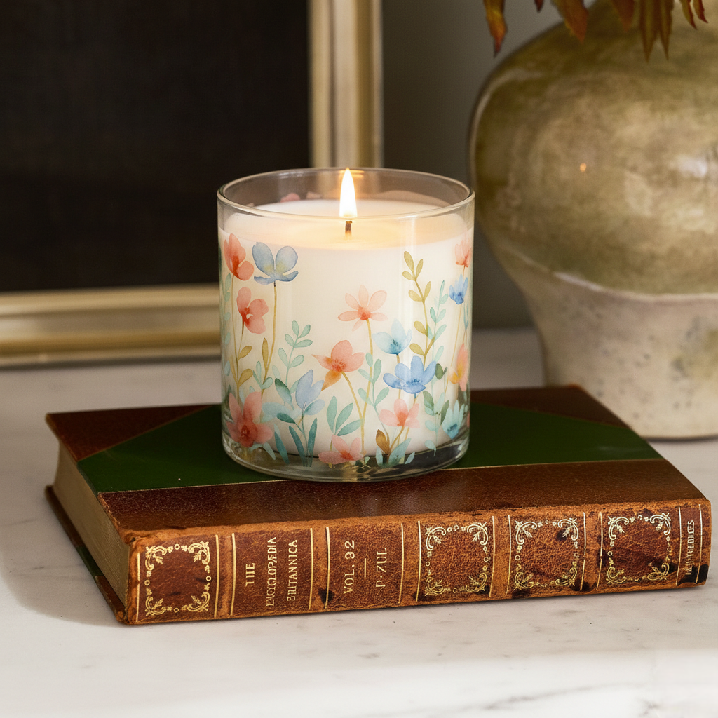 Pastel Wildflower Scented Candle in Glass Jar | Soft Aesthetic Home Décor Candle