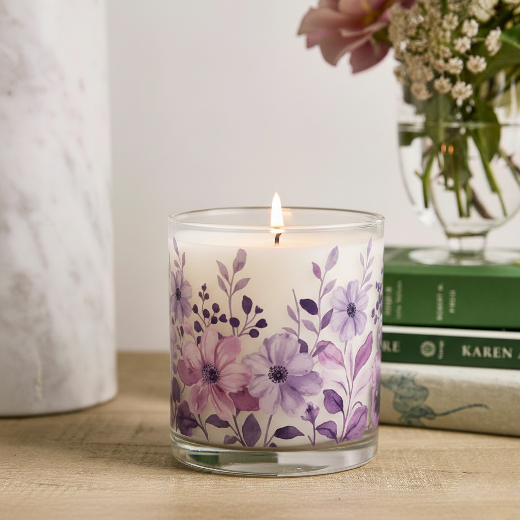 Lavender Purple Floral Scented Candle in Glass Jar | Elegant Home Décor & Relaxing Aroma