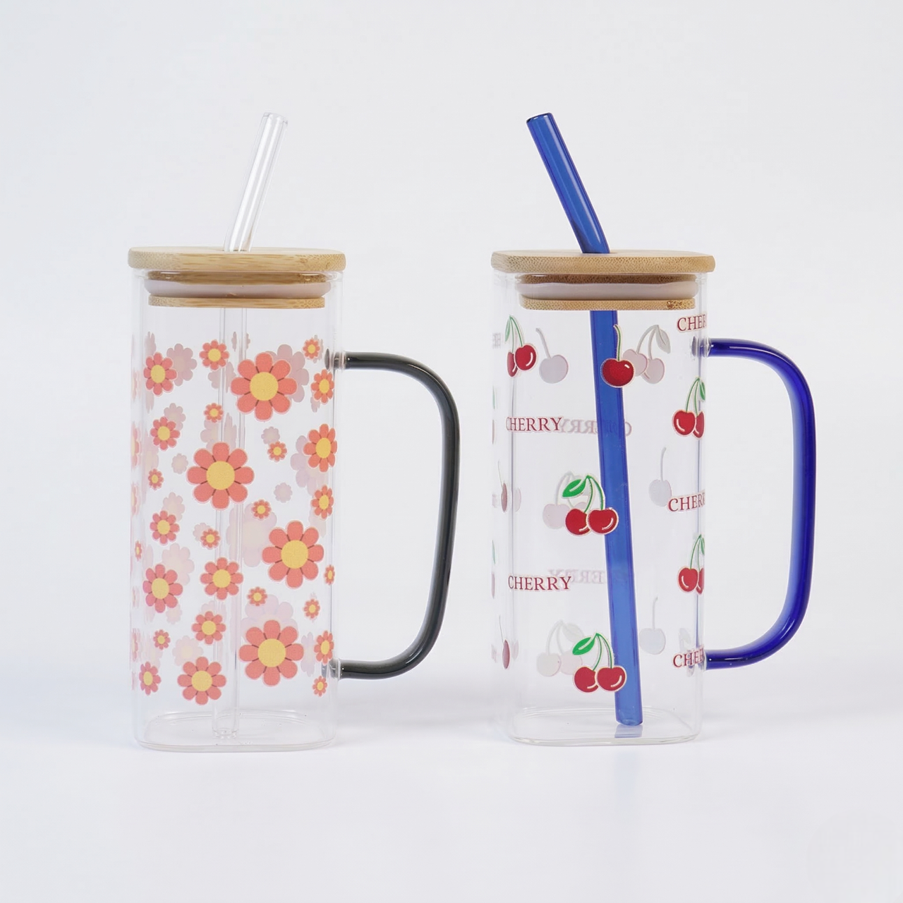 Set-2 Cherry & Floral Glass Cup with Bamboo Lid & Straw