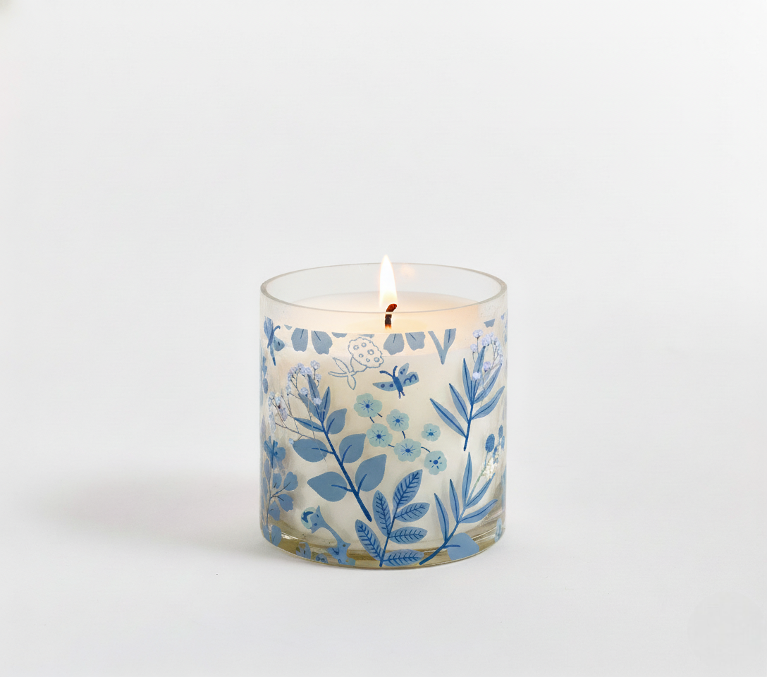 Blue Botanical Scented Candle in Glass Jar | Aesthetic Floral Home Décor Candle for Relaxation & Gifting