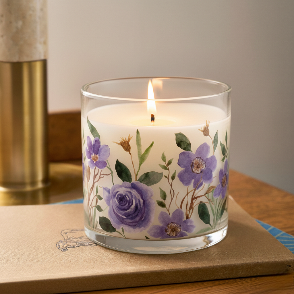 Purple Floral Rose Scented Candle in Glass Jar | Elegant Aesthetic Home Décor Candle