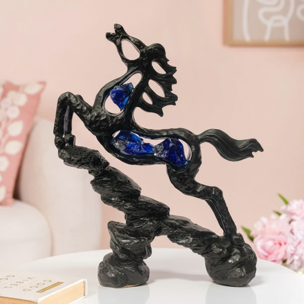 Modern Abstract Horse Figurine with Blue Crystal Inlay