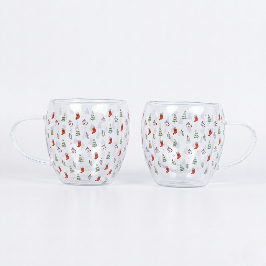 Set-2 Christmas Tree & Stocking -Double Wall Glass Mug