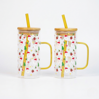 Christmas Santa Glass Tumbler with Handle & Bamboo Lid – Set of 2 | Festive Holiday Design with Straw